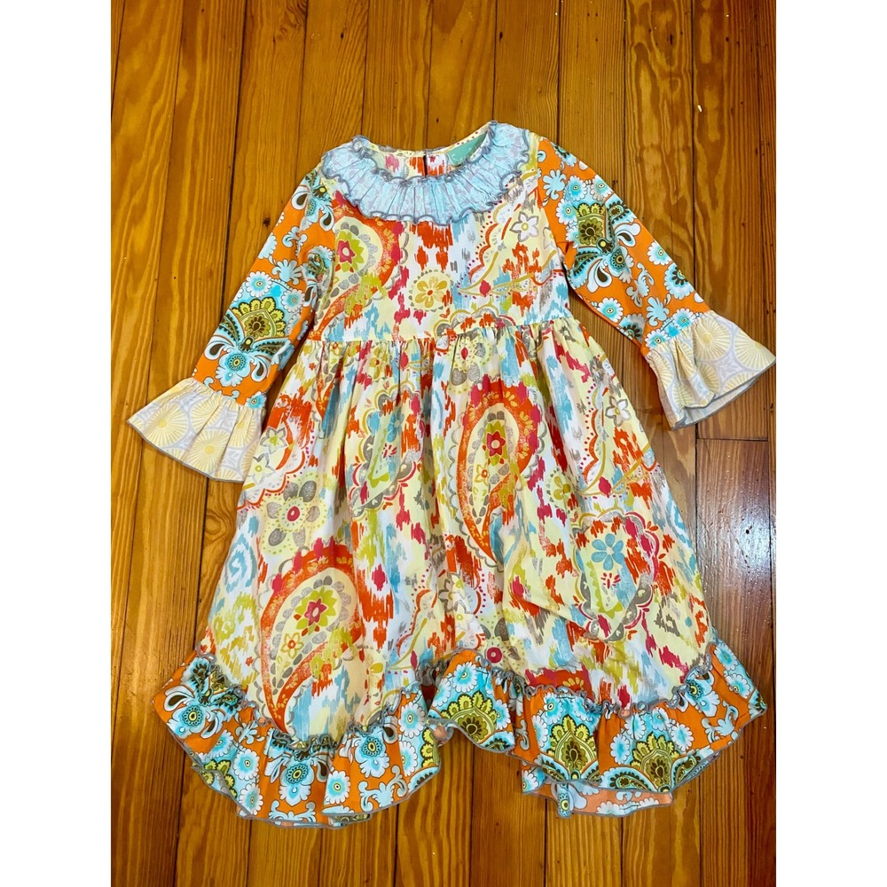Sage & Lilly Girls Orange Paisley Floral Ruffle Boutique Dress Long Sleeve Sz 5 - Picture 2 of 10